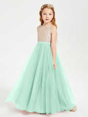 Robe Longue de Demoiselle d'Honneur Junior avec Haut en Paillettes et Jupe en Tulle Vert Menthe