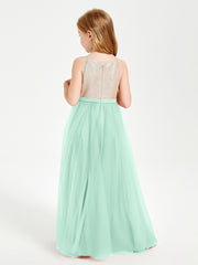 Robe Longue de Demoiselle d'Honneur Junior avec Haut en Paillettes et Jupe en Tulle Vert Menthe