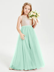 Robe Longue de Demoiselle d'Honneur Junior avec Haut en Paillettes et Jupe en Tulle Vert Menthe