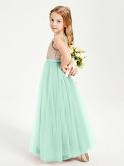 Robe Longue de Demoiselle d'Honneur Junior avec Haut en Paillettes et Jupe en Tulle Vert Menthe