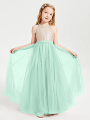 Robe Longue de Demoiselle d'Honneur Junior avec Haut en Paillettes et Jupe en Tulle Vert Menthe