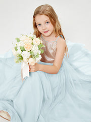 Robe Longue de Demoiselle d'Honneur Junior avec Haut en Paillettes et Jupe en Tulle Brume