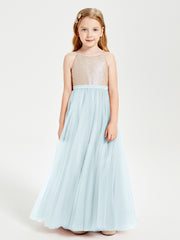 Robe Longue de Demoiselle d'Honneur Junior avec Haut en Paillettes et Jupe en Tulle Brume