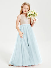 Robe Longue de Demoiselle d'Honneur Junior avec Haut en Paillettes et Jupe en Tulle Brume