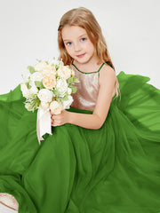 Robe Longue de Demoiselle d'Honneur Junior avec Haut en Paillettes et Jupe en Tulle Mousse