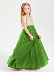 Robe Longue de Demoiselle d'Honneur Junior avec Haut en Paillettes et Jupe en Tulle Mousse