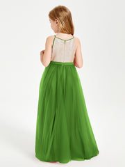 Robe Longue de Demoiselle d'Honneur Junior avec Haut en Paillettes et Jupe en Tulle Mousse
