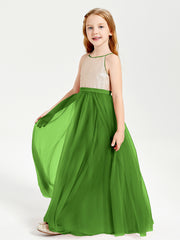 Robe Longue de Demoiselle d'Honneur Junior avec Haut en Paillettes et Jupe en Tulle Mousse