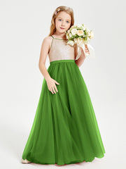 Robe Longue de Demoiselle d'Honneur Junior avec Haut en Paillettes et Jupe en Tulle Mousse