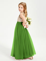 Robe Longue de Demoiselle d'Honneur Junior avec Haut en Paillettes et Jupe en Tulle Mousse