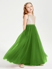 Robe Longue de Demoiselle d'Honneur Junior avec Haut en Paillettes et Jupe en Tulle Mousse