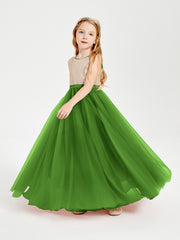 Robe Longue de Demoiselle d'Honneur Junior avec Haut en Paillettes et Jupe en Tulle Mousse