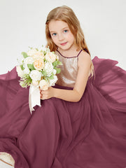 Robe Longue de Demoiselle d'Honneur Junior avec Haut en Paillettes et Jupe en Tulle Mûre