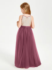 Robe Longue de Demoiselle d'Honneur Junior avec Haut en Paillettes et Jupe en Tulle Mûre