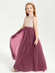 Robe Longue de Demoiselle d'Honneur Junior avec Haut en Paillettes et Jupe en Tulle Mûre