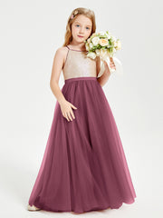 Robe Longue de Demoiselle d'Honneur Junior avec Haut en Paillettes et Jupe en Tulle Mûre