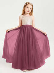 Robe Longue de Demoiselle d'Honneur Junior avec Haut en Paillettes et Jupe en Tulle Mûre