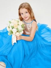Robe Longue de Demoiselle d'Honneur Junior avec Haut en Paillettes et Jupe en Tulle Bleu Océan