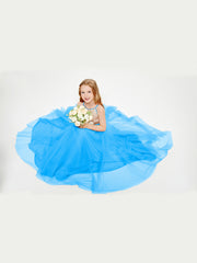Robe Longue de Demoiselle d'Honneur Junior avec Haut en Paillettes et Jupe en Tulle Bleu Océan