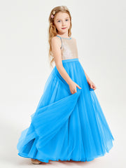 Robe Longue de Demoiselle d'Honneur Junior avec Haut en Paillettes et Jupe en Tulle Bleu Océan