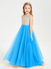 Robe Longue de Demoiselle d'Honneur Junior avec Haut en Paillettes et Jupe en Tulle Bleu Océan