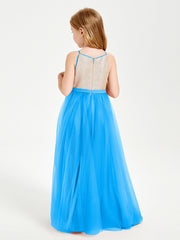 Robe Longue de Demoiselle d'Honneur Junior avec Haut en Paillettes et Jupe en Tulle Bleu Océan
