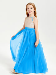 Robe Longue de Demoiselle d'Honneur Junior avec Haut en Paillettes et Jupe en Tulle Bleu Océan