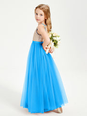 Robe Longue de Demoiselle d'Honneur Junior avec Haut en Paillettes et Jupe en Tulle Bleu Océan
