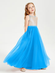 Robe Longue de Demoiselle d'Honneur Junior avec Haut en Paillettes et Jupe en Tulle Bleu Océan