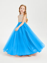 Robe Longue de Demoiselle d'Honneur Junior avec Haut en Paillettes et Jupe en Tulle Bleu Océan