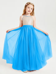 Robe Longue de Demoiselle d'Honneur Junior avec Haut en Paillettes et Jupe en Tulle Bleu Océan