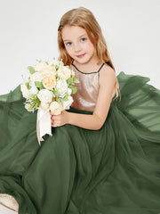 Robe Longue de Demoiselle d'Honneur Junior avec Haut en Paillettes et Jupe en Tulle Olive Verte