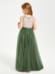 Robe Longue de Demoiselle d'Honneur Junior avec Haut en Paillettes et Jupe en Tulle Olive Verte