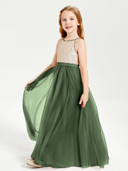 Robe Longue de Demoiselle d'Honneur Junior avec Haut en Paillettes et Jupe en Tulle Olive Verte