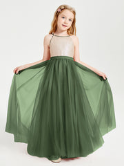 Robe Longue de Demoiselle d'Honneur Junior avec Haut en Paillettes et Jupe en Tulle Olive Verte