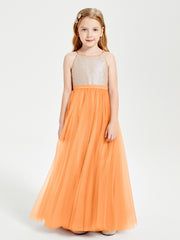 Robe Longue de Demoiselle d'Honneur Junior avec Haut en Paillettes et Jupe en Tulle Orange