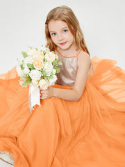 Robe Longue de Demoiselle d'Honneur Junior avec Haut en Paillettes et Jupe en Tulle Orange