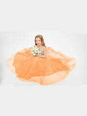 Robe Longue de Demoiselle d'Honneur Junior avec Haut en Paillettes et Jupe en Tulle Orange