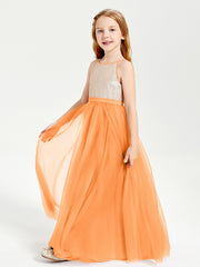 Robe Longue de Demoiselle d'Honneur Junior avec Haut en Paillettes et Jupe en Tulle Orange