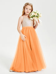 Robe Longue de Demoiselle d'Honneur Junior avec Haut en Paillettes et Jupe en Tulle Orange