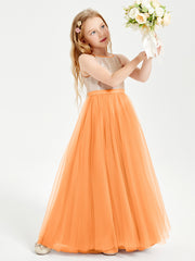 Robe Longue de Demoiselle d'Honneur Junior avec Haut en Paillettes et Jupe en Tulle Orange