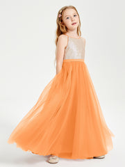 Robe Longue de Demoiselle d'Honneur Junior avec Haut en Paillettes et Jupe en Tulle Orange