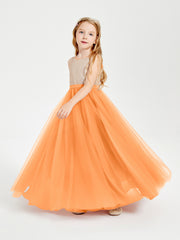 Robe Longue de Demoiselle d'Honneur Junior avec Haut en Paillettes et Jupe en Tulle Orange