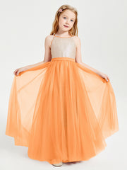 Robe Longue de Demoiselle d'Honneur Junior avec Haut en Paillettes et Jupe en Tulle Orange