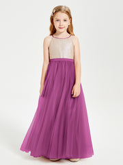 Robe Longue de Demoiselle d'Honneur Junior avec Haut en Paillettes et Jupe en Tulle Orchidee