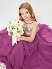 Robe Longue de Demoiselle d'Honneur Junior avec Haut en Paillettes et Jupe en Tulle Orchidee