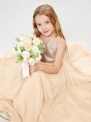 Robe Longue de Demoiselle d'Honneur Junior avec Haut en Paillettes et Jupe en Tulle Pêche