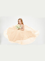 Robe Longue de Demoiselle d'Honneur Junior avec Haut en Paillettes et Jupe en Tulle Pêche