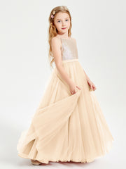 Robe Longue de Demoiselle d'Honneur Junior avec Haut en Paillettes et Jupe en Tulle Pêche