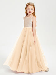 Robe Longue de Demoiselle d'Honneur Junior avec Haut en Paillettes et Jupe en Tulle Pêche